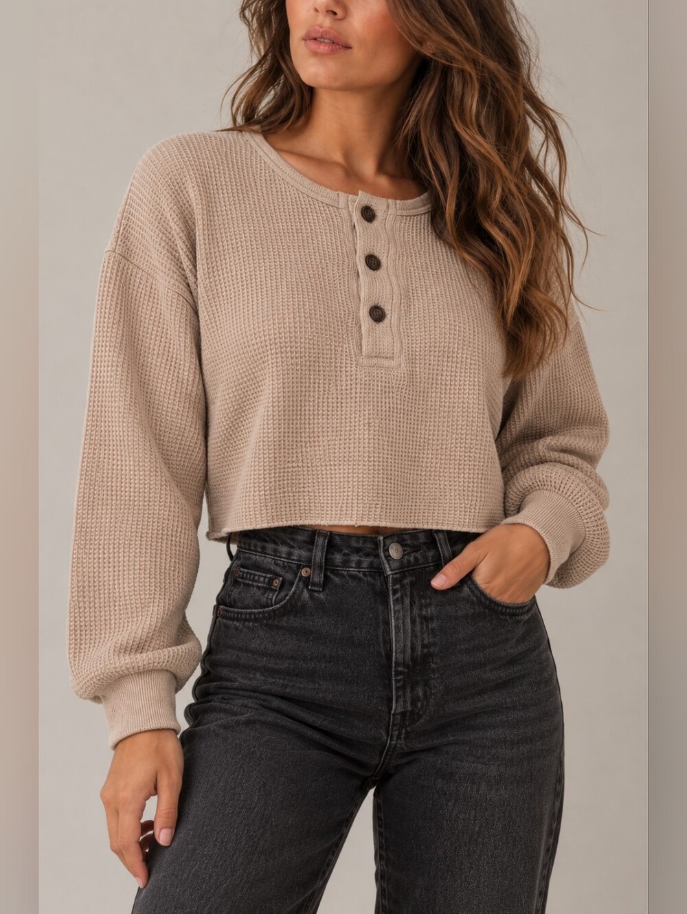 Princess Polly Beige Waffle Knit Cropped Henley Long Sleeve Top Size US 0 / XXS